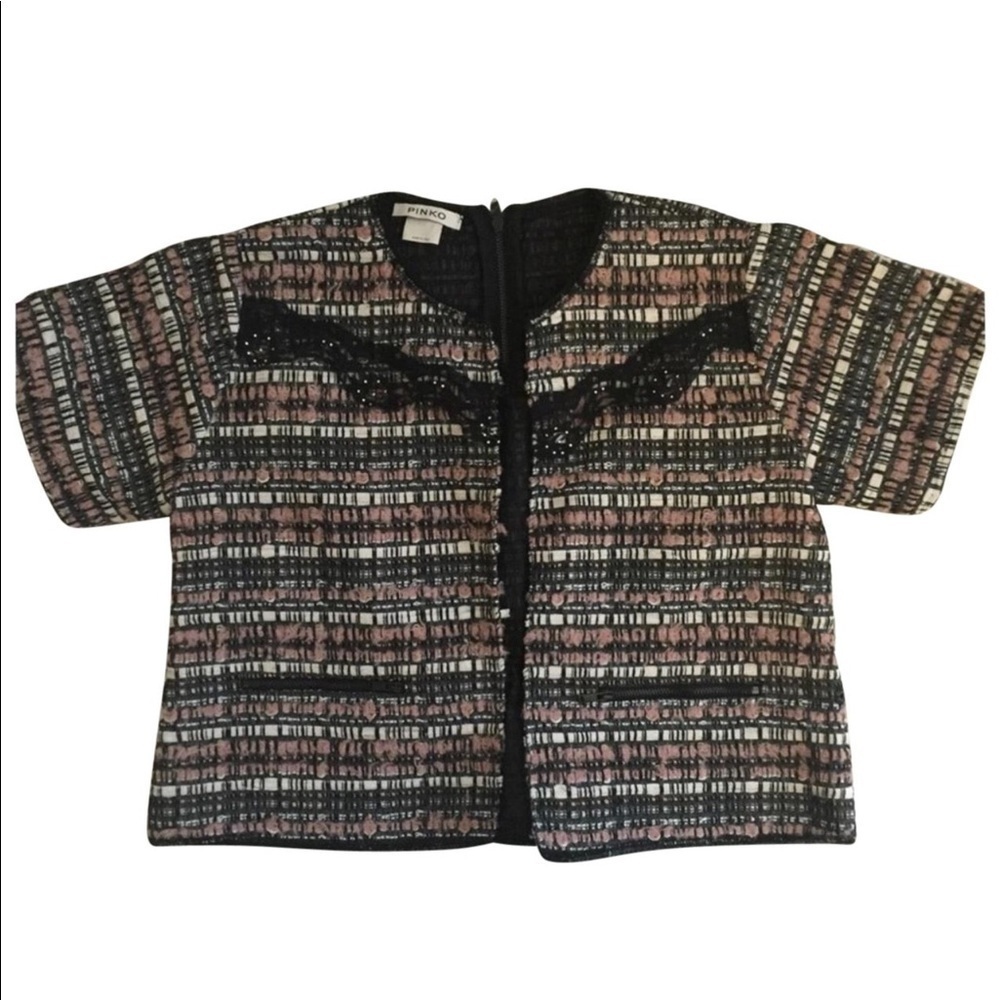 Pinko Italy Tweed Bolero Blazer Jacket Wool Blend Lace Details French Girl Chic - Picture 2 of 11